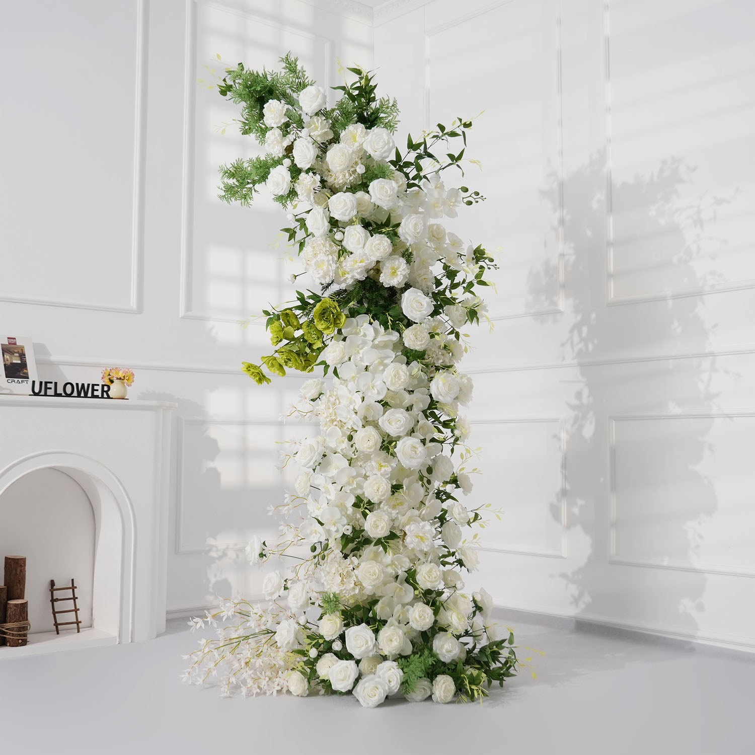 Uflower White Rose Green Leaf Floral Horn Arch Wedding Party Backdrop Decor